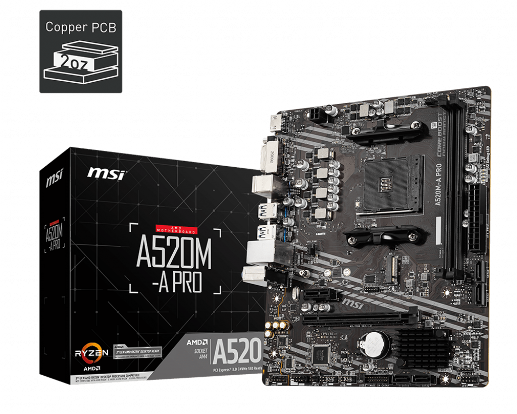 MSI A520M-A Pro AM4 DDR4 Ses GLAN HDMI/DVI SATA3 USB3.2 mATX