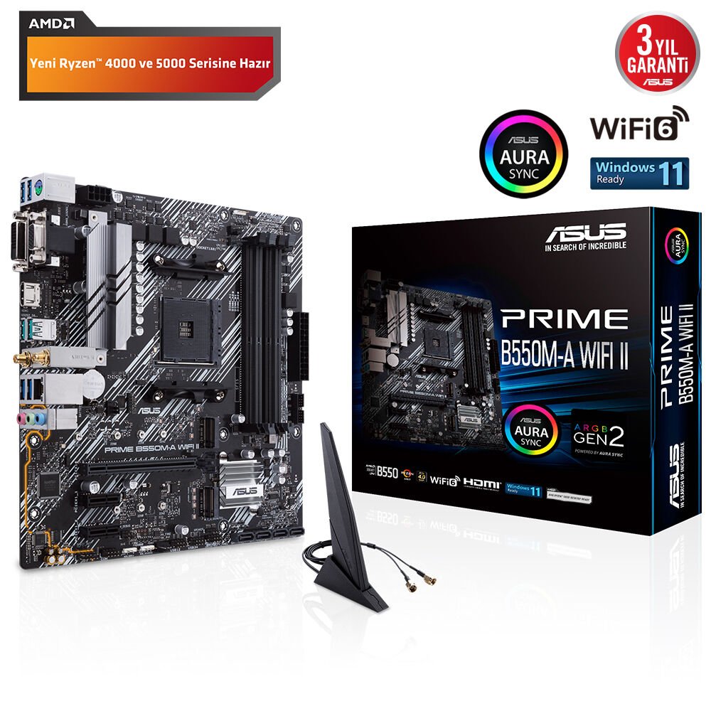 Asus Prime B550M-A WiFi II AM4 DDR4 Ses Glan HDMI/DVI/VGA SATA3 USB3.2 mATX