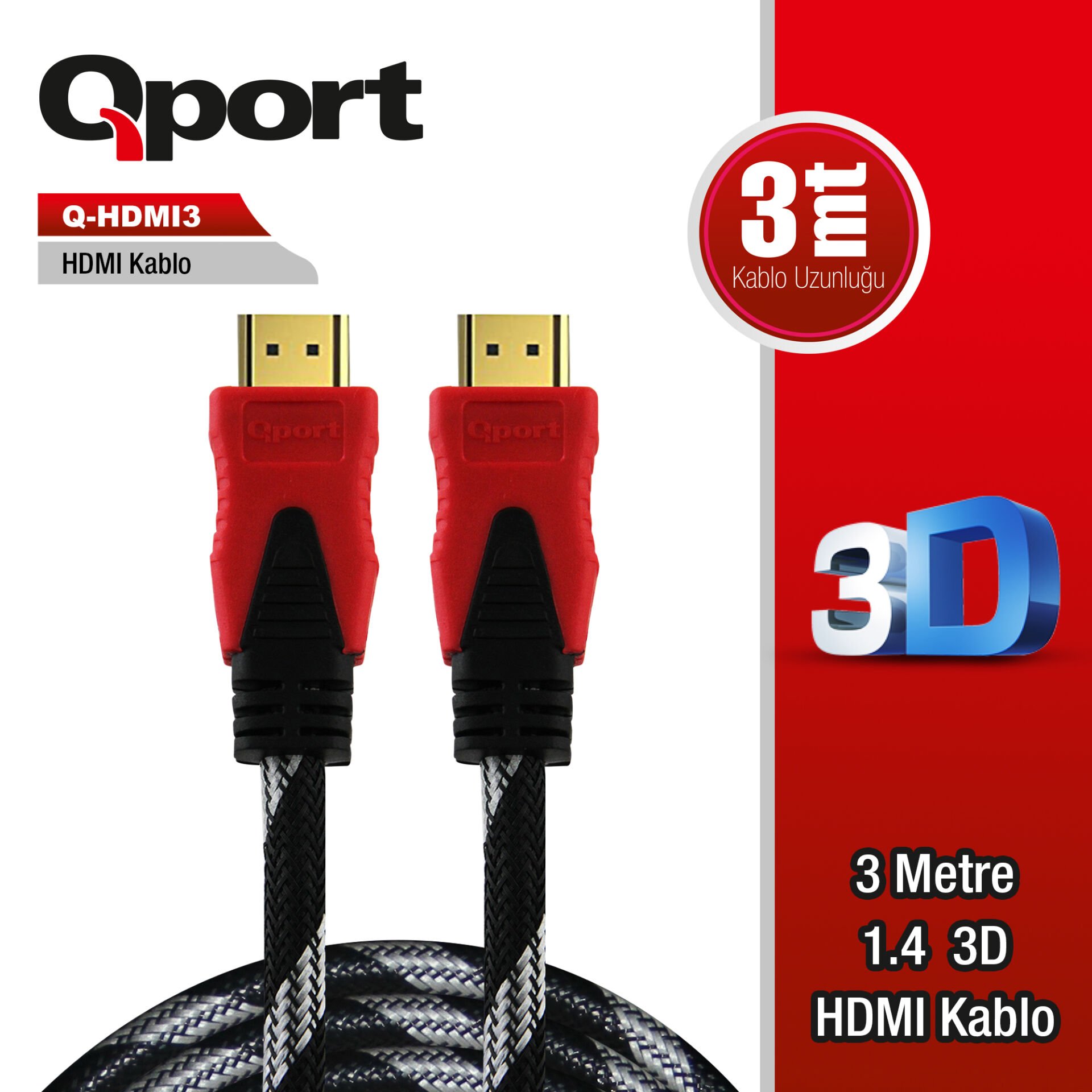 Qport (q-hdmi3) Altin Uclu 3m Hdmi Kablo