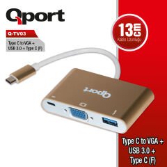 Qport (q-tv03) Type-c To Vga/usb3.0/type-c(f) Cevirici