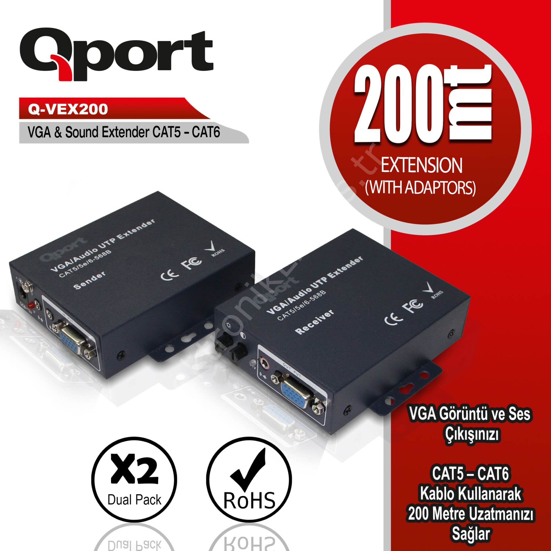 Qport (q-vex200) 200 Metre Cat5/cat6 Vga Extender Donusturucu 2li Paket