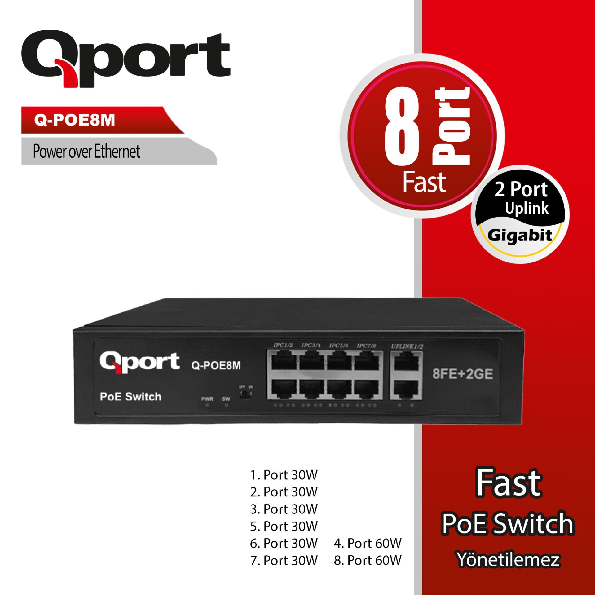 Qport Q-Poe8m 8 Port 10/100 + 2 Port 10/100/1000 Uplink Poe Switch