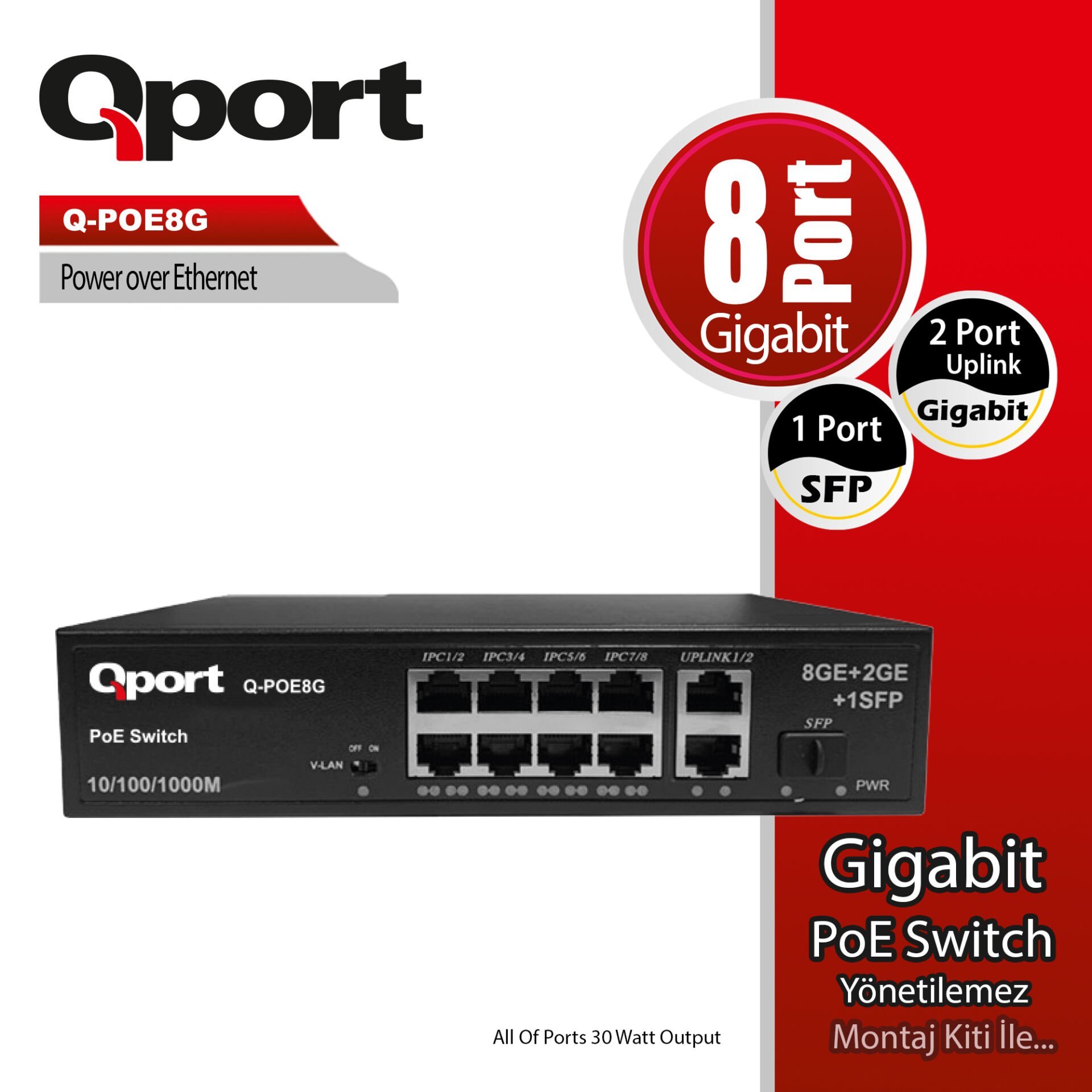 Qport Q-PoE8G 8 Port Gigabit + 2 Port Gigabit Uplink +1x SFP PoE Switch