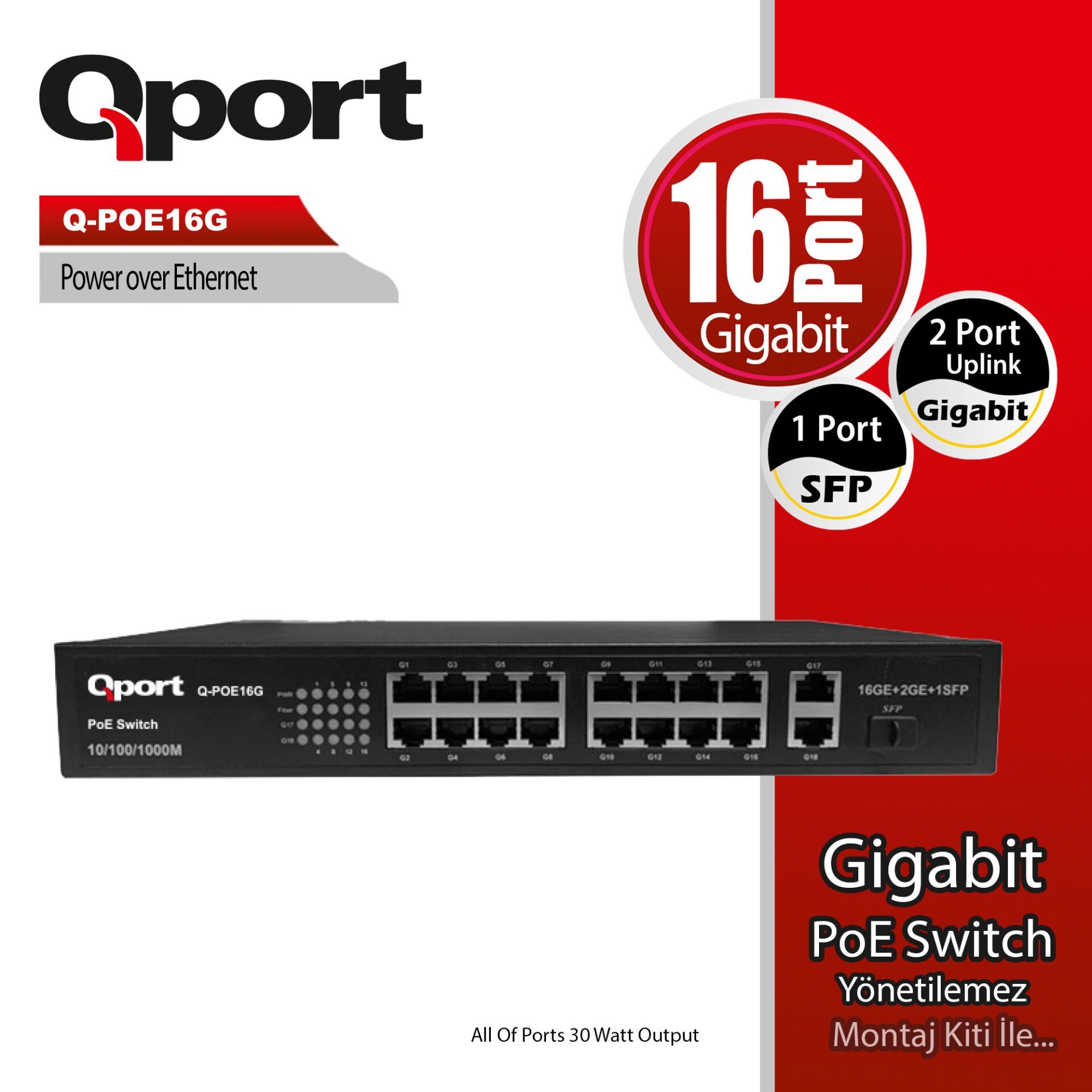 Qport Q-Poe16g 16 Port Gigabit + 2 Port Gigabit Uplink +1x SFP Poe Switch