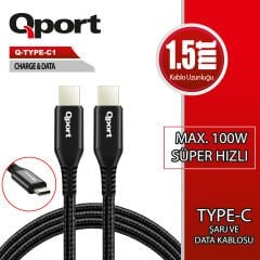 Qport Q-Type-C1 1.5m Type-C 100W Süper Hızlı PD Şarj ve Data Kablosu