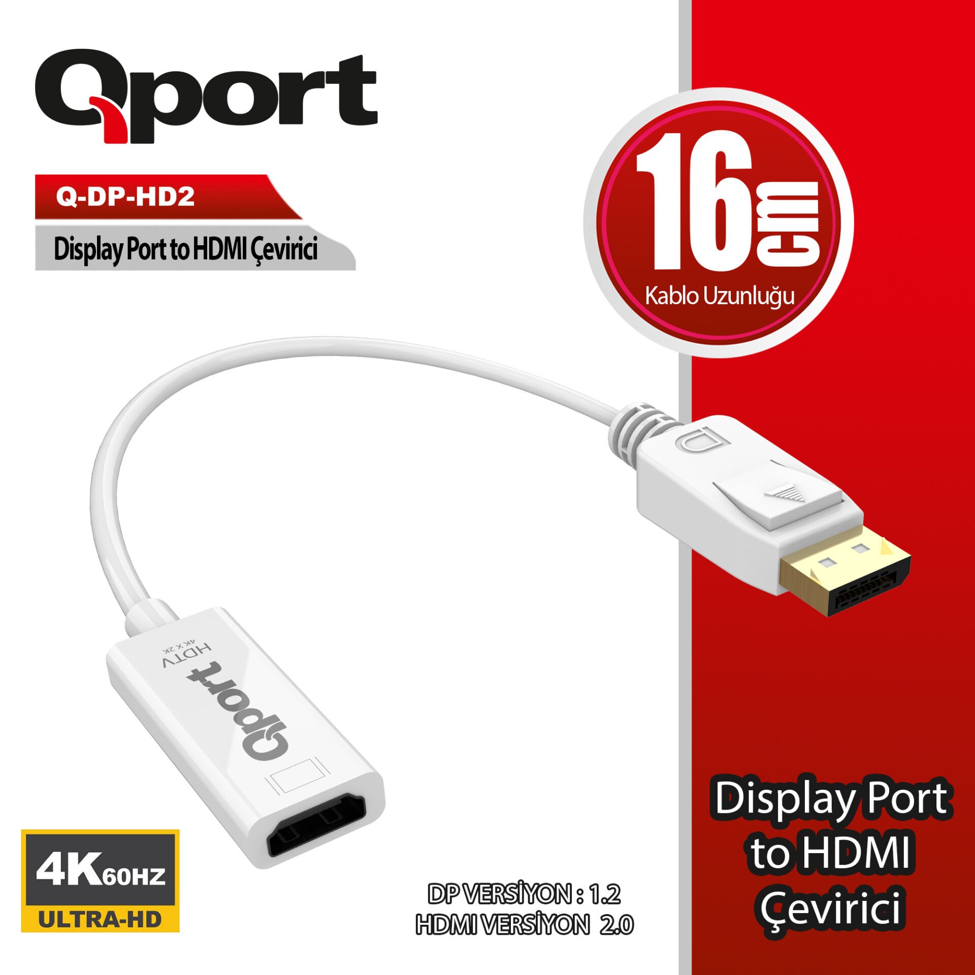 Qport Q-DP-HD2 Display Port'tan HDMI Çevirici 4K 60Hz
