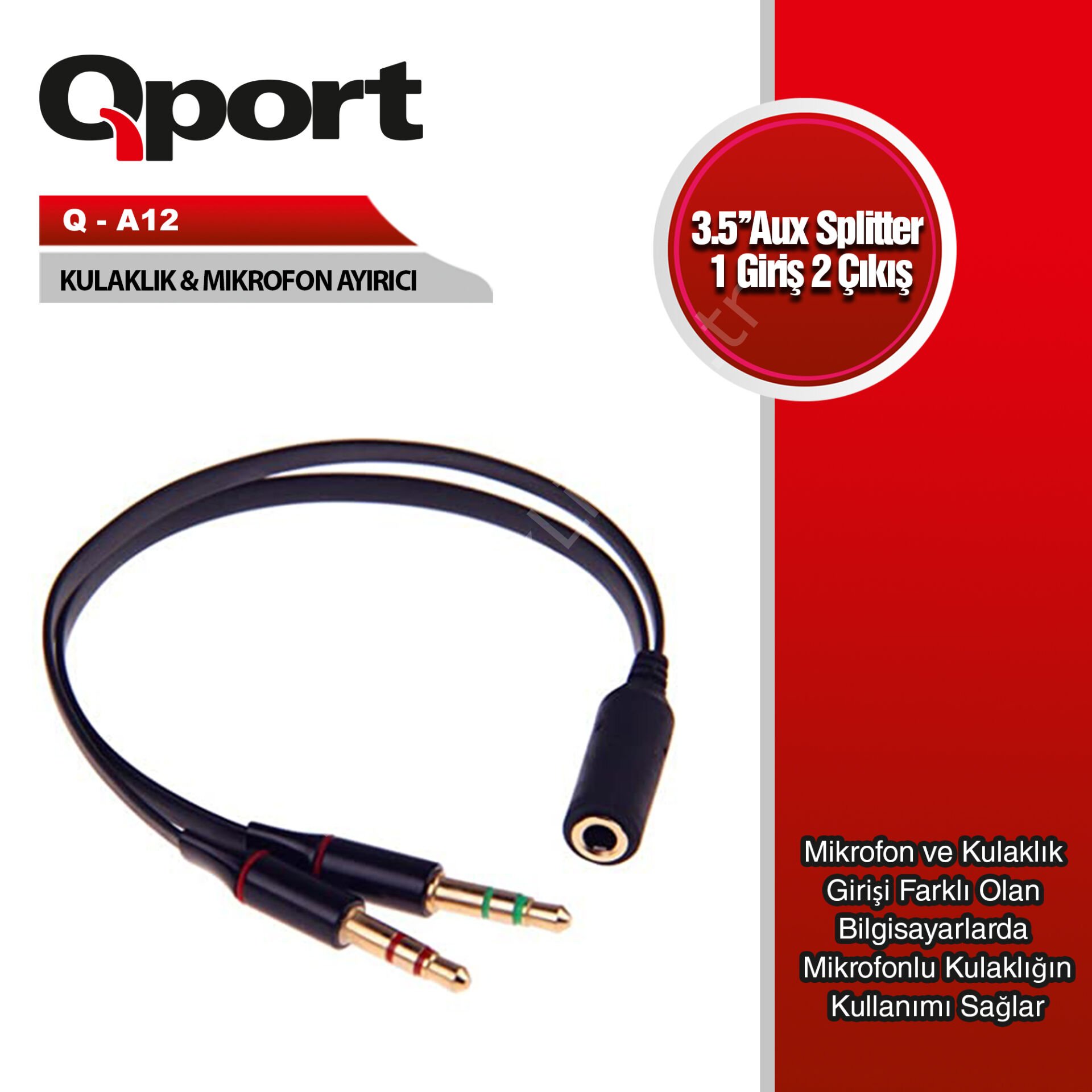 Qport (q-a12) 3.5mm Disi To 5mm Erkek Audio+mic 15cm