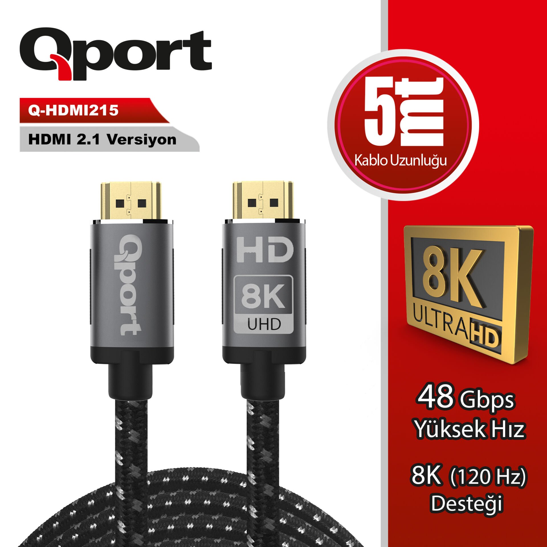 Qport (q-hdmi215) Altin Uclu 5m 8k Hdmi2.1 Kablo
